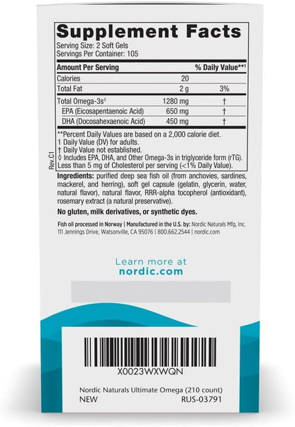 Nordic Naturals Ultimate Omega, sabor a limón, 210 geles suaves, 12...