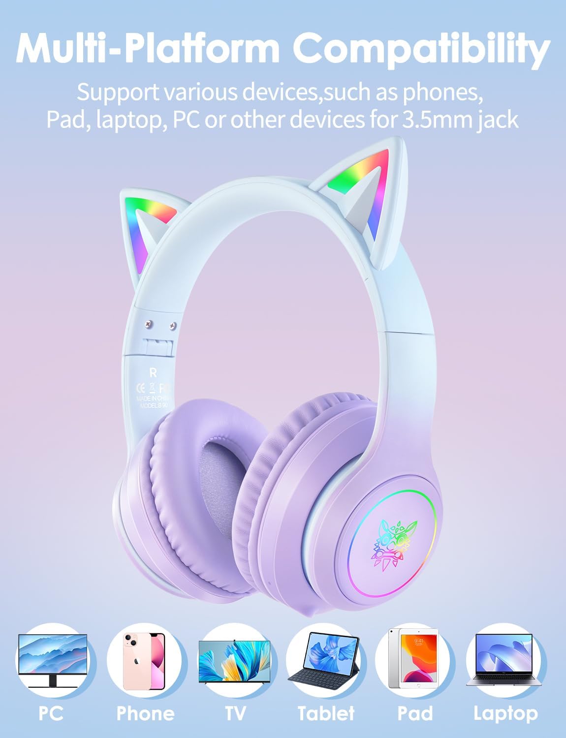 ONITOON Auriculares Bluetooth de oreja de gato con micrófono para n...
