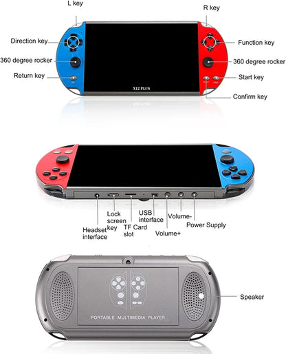 X12 Plus - Consola de videojuegos portátil de 7 pulgadas, MP5 portátil, 1000 juegos integrados, memoria de 16 GB, consola nostálgica de juegos arcade con joystick, compatible con