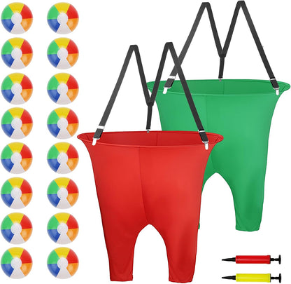 Juego de 2 pantalones de abuela con tirantes, 16 bolas hinchables y 2 bombas, divertido juego de fiesta al aire libre para adultos, niños, reuniones familiares y días de campo
