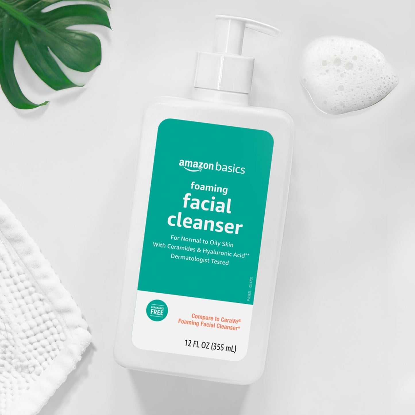 Amazon Basics Limpiador facial espumoso con ceramidas y ácido hialurónico, suave lavado facial diario, no comedogénico, sin fragancia, 12 onzas líquidas