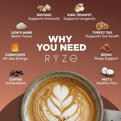 RYZE SUPERFOODS - Kit de inicio de café tostado oscuro de hongos, c...