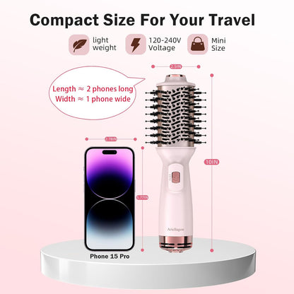 Cepillo secador de pelo de viaje de doble voltaje, mini cepillo de aire caliente con enchufe europeo, secador de un paso y voluminizador para uso doméstico y salón de belleza