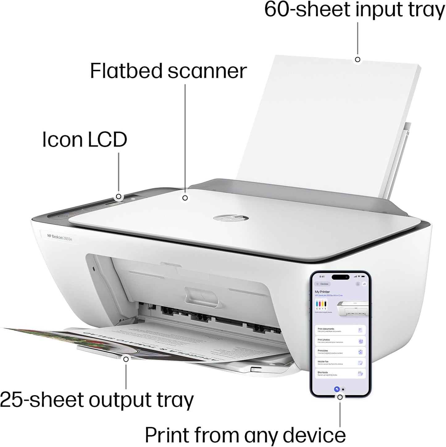HP DeskJet 2855e Impresora inalámbrica de inyección de tinta todo en uno, escáner, fotocopiadora, lo mejor para el hogar, 3 meses de tinta instantánea incluida, conectividad Wi-Fi de una sola banda