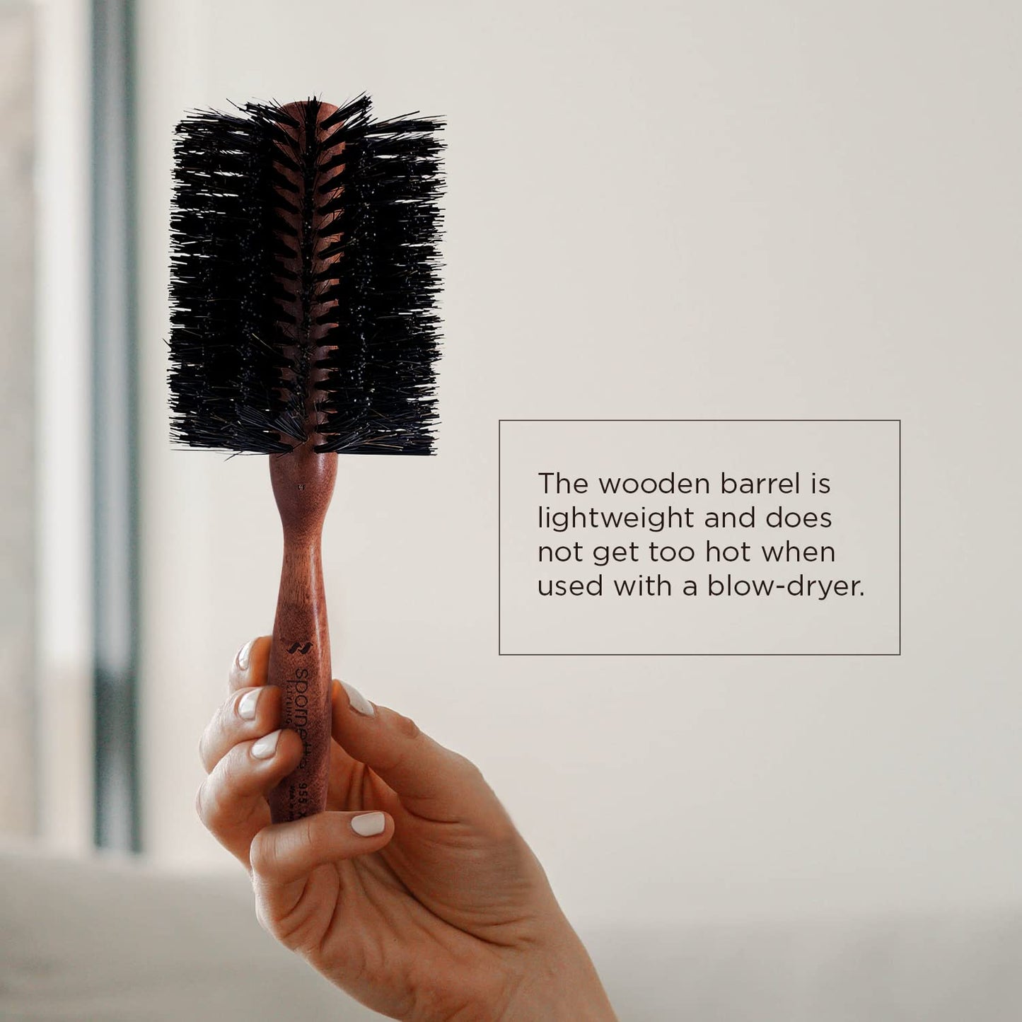 Spornette Cepillo de pelo redondo italiano de 3 pulgadas (#955-XL) – Cepillo redondo de cerdas de jabalí de doble densidad con mango de madera para secar con soplado, peinar, dar volumen, alisar y rizar cabello medio a largo