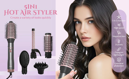 Juego de cepillo secador de pelo con iones negativos 5 en 1, cepillo secador de pelo con aire caliente con múltiples longitudes adecuado para diversas necesidades para rizar el cabello, 3