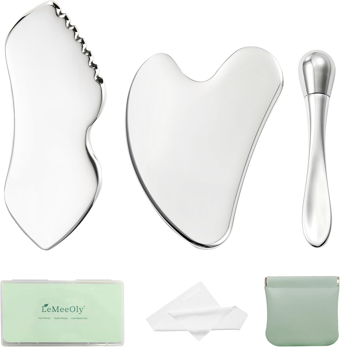 LeMeeOly 3 piezas de herramientas faciales Gua Sha de acero inoxida...