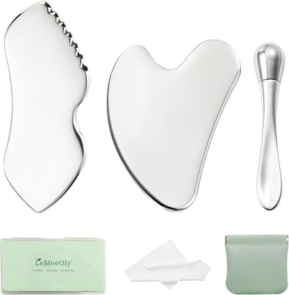 LeMeeOly 3 piezas de herramientas faciales Gua Sha de acero inoxida...