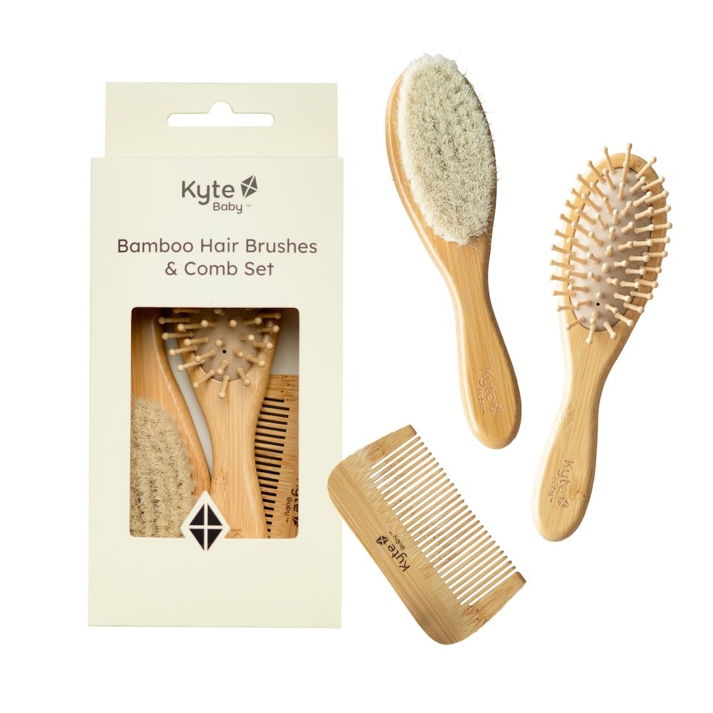 Kyte BABY Juego de cepillos de bambú de 3 piezas, 1 cepillo de pelo de cabra, 1 cepillo de cerdas de madera y 1 peine de bambú