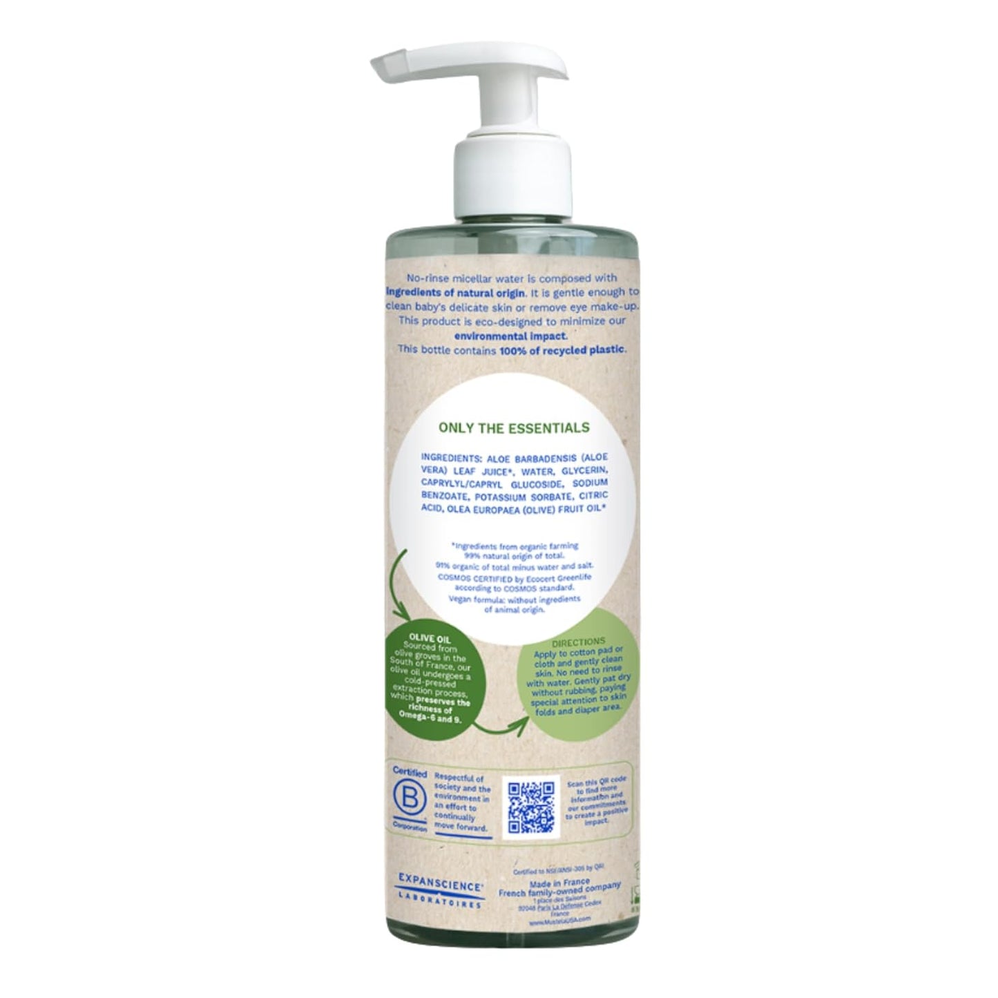 Mustela Agua limpiadora micelar orgánica certificada, limpiador de agua natural sin enjuague con aceite de oliva y aloe vera, para bebés, niños y adultos, sin fragancia, verificado por EWG y vegano, 13.52 onzas líquidas