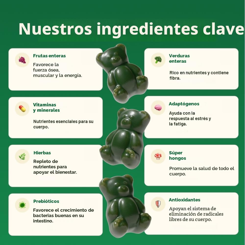 Gruns Gomitas Super Greens Sin Azúcar, Ositos de Goma Multivitamíni...