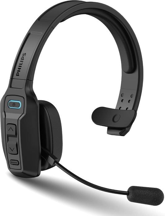 Philips Trucker - Auriculares Bluetooth con micrófono, auriculares inalámbricos de una sola oreja con micrófono con cancelación de ruido AI y botón de silencio, tiempo de reproducción extendido