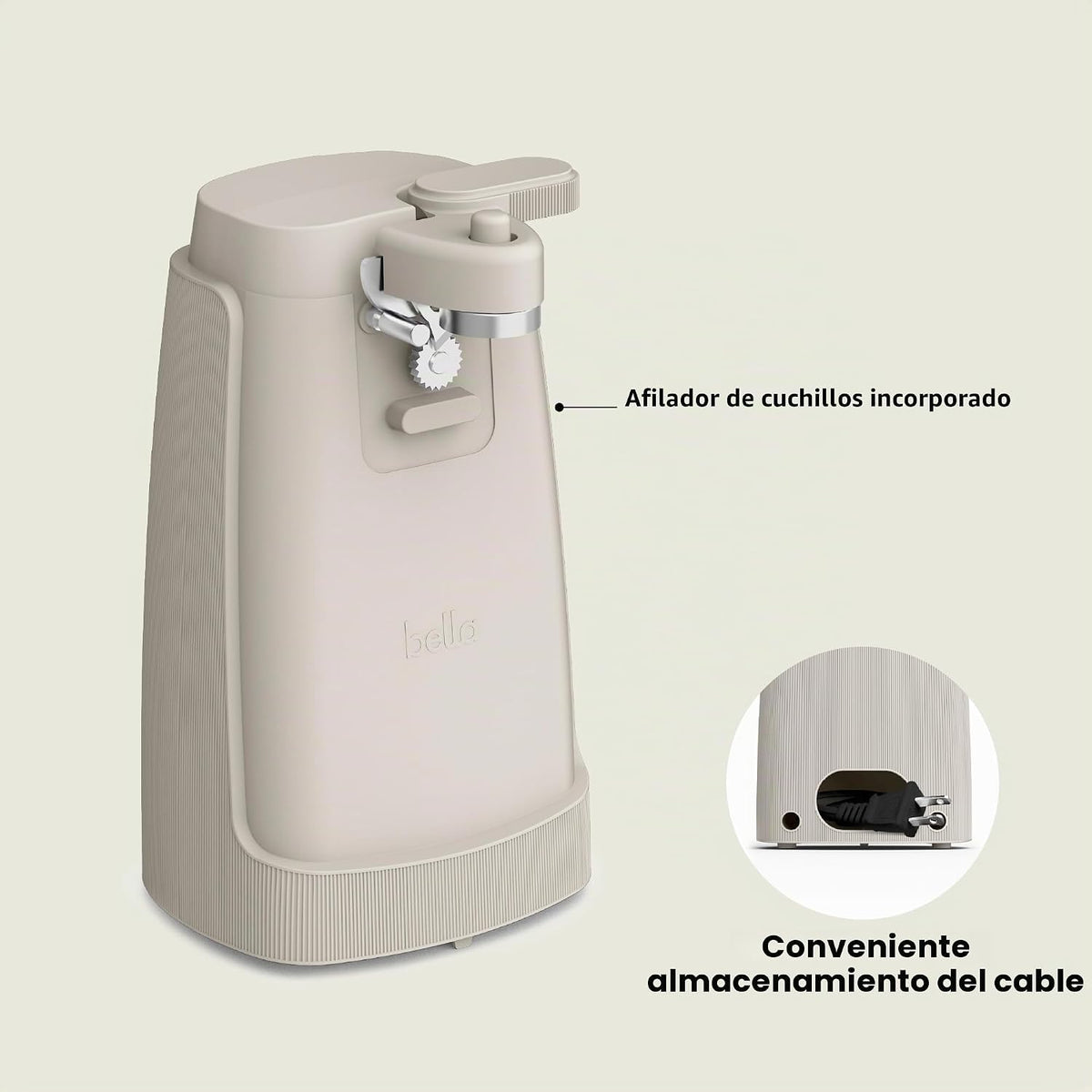 bella Abrelatas eléctrico y afilador de cuchillos, palanca de corte...