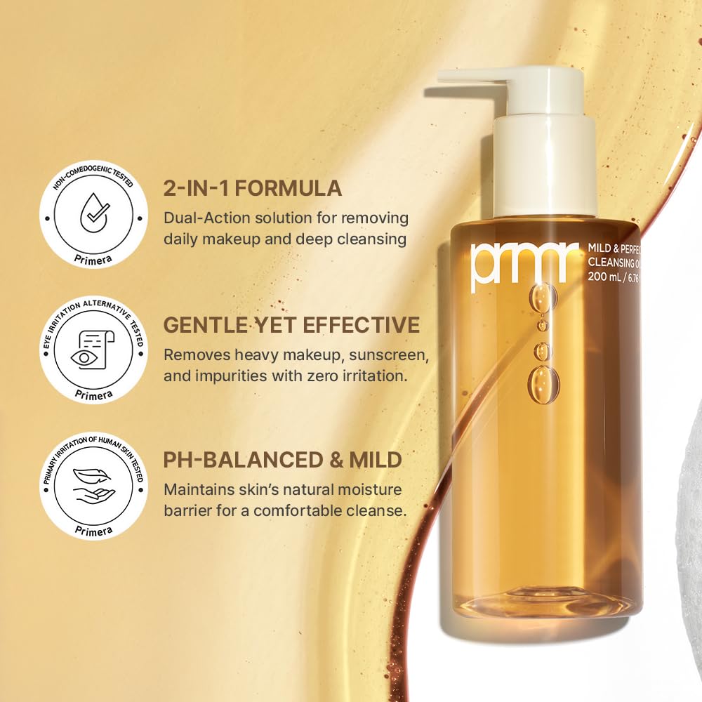 Primera (PRMR Oil to Foam Cleanser Aceite coreano de limpieza profunda, removedor de maquillaje diario, puntos negros, eliminación de polvo y suciedad, limpieza de poros, ácido hialurónico, limpieza