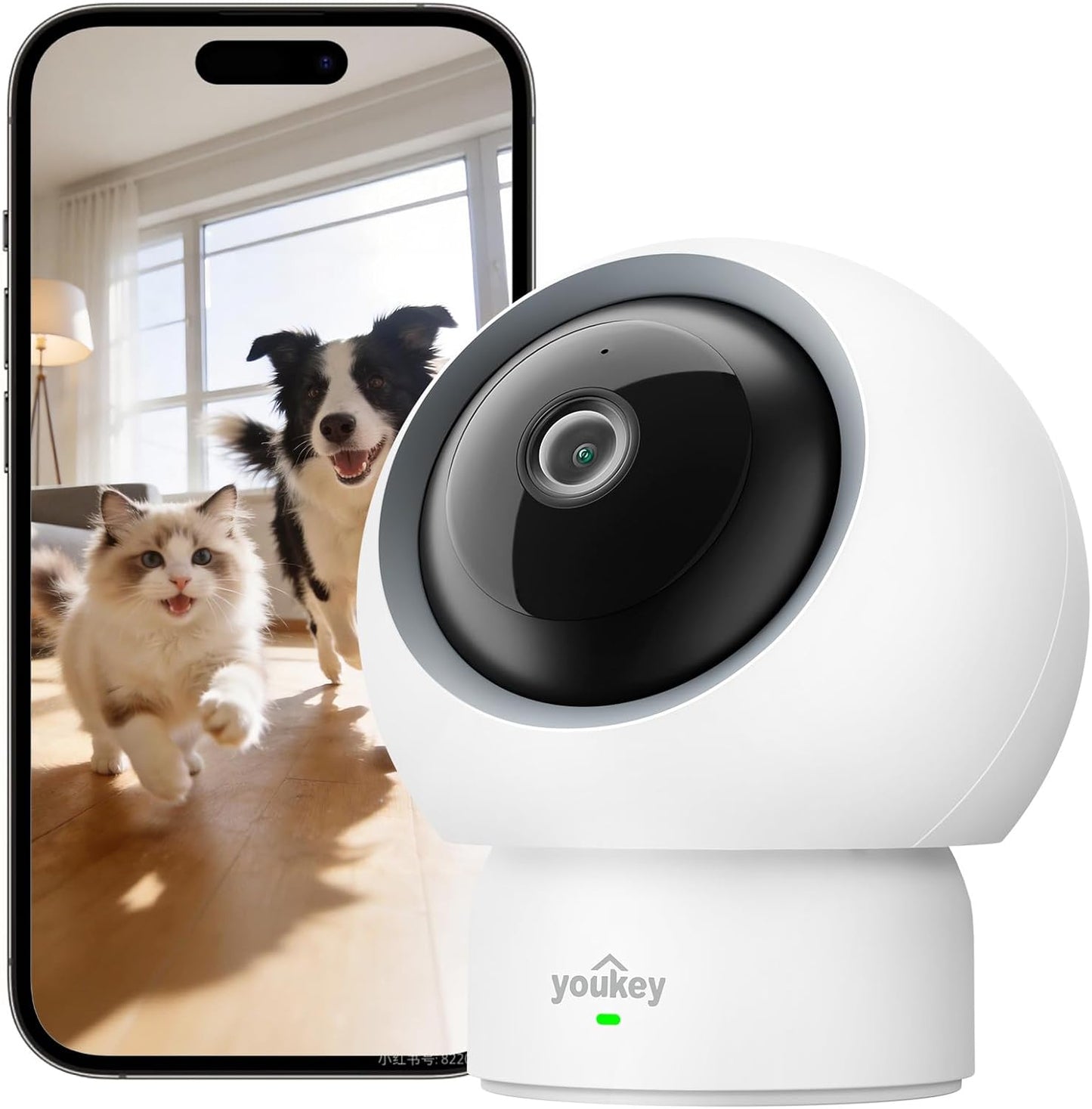youkey Cámara interior HD de 2.5 K para mascotas, chat de audio bid...