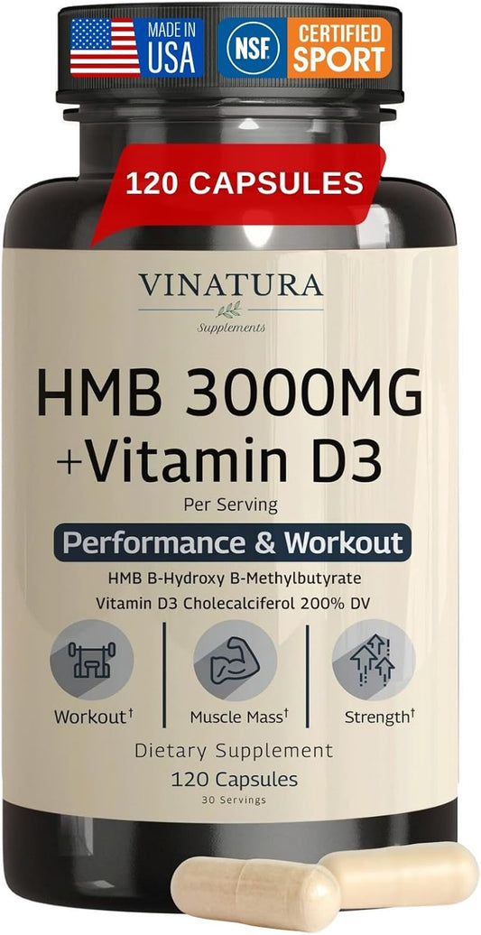 VINATURA Suplemento HMB de 3000 mg y vitamina D3, defensa muscular...