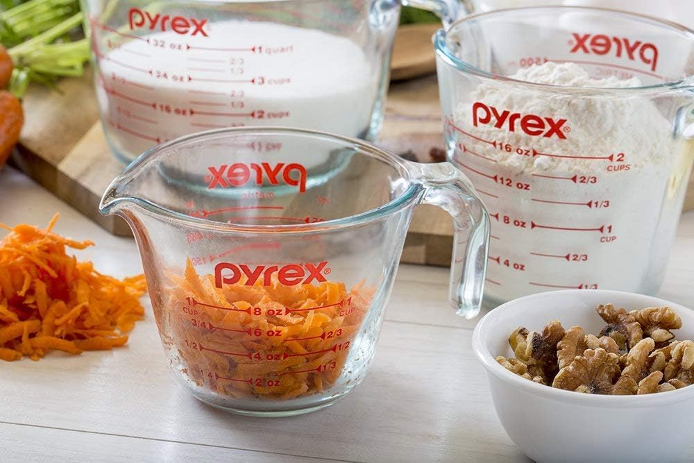 Pyrex Essentials (3-Pack) Tazas medidoras de vidrio, juego de tazas medidoras (1, 2 y 4 tazas) para preparar, hornear y cocinar, aptas para horno precalentado, lavavajillas, congelador y microondas