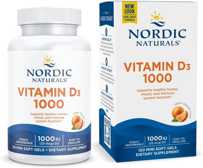 Nordic Naturals Vitamina D3 1000, Naranja - 120 mini geles blandos - 1000 UI de vitamina D3 - Soporta huesos saludables, estado de ánimo y función del sistema inmunitario - Sin OGM - 120 porciones