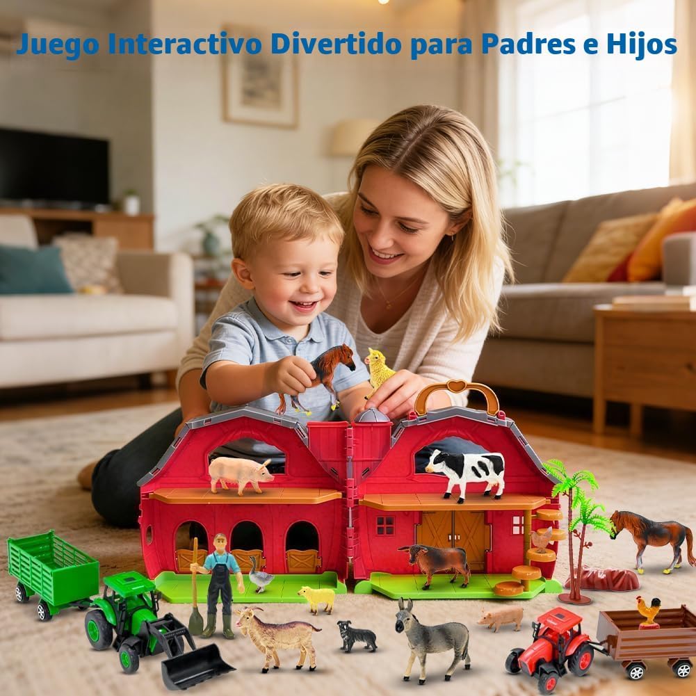 BOLZRA Farm Animals Big Red Barn Toy con Tractors Fence para Toddlers 1-5