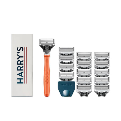 Kit de Afeitado Original Harry's para Hombres - Mango de Navaja, 15 Repuestos de Cuchillas de Afeitar, y Cubierta de Cuchilla de Viaje - Ingeniería Alemana - Naranja