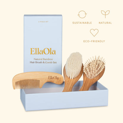 ELLAOLA Juego de cepillo y peine de bambú natural, 3 piezas - Cepillo para costra láctea, cepillo de masaje para el cabello, peine de bambú para niños pequeños, recién nacidos y bebés | Regalo para el