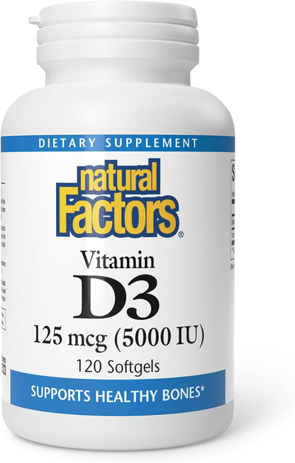 Natural Factors - Vitamina D3 5000 UI, apoya huesos saludables, 120...