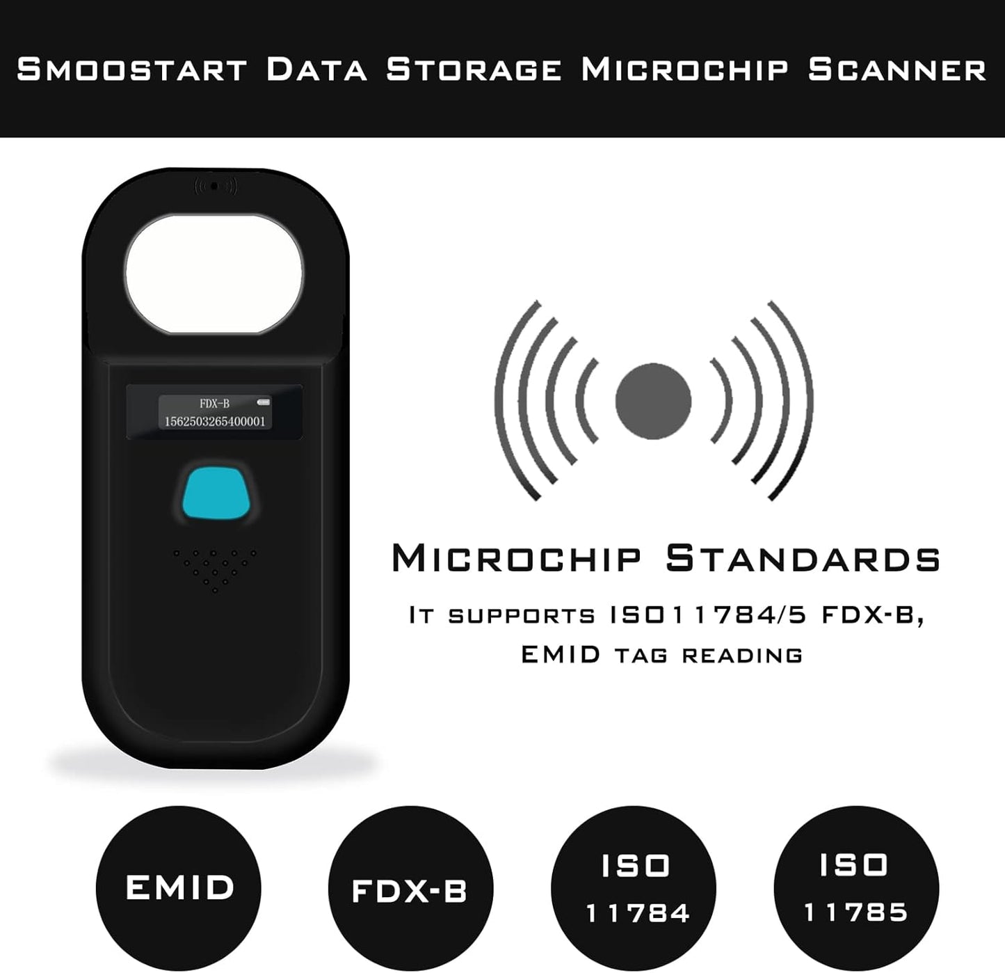 Smoostart Escáner de microchip para mascotas, ISO11784\/ISO11785\/F...
