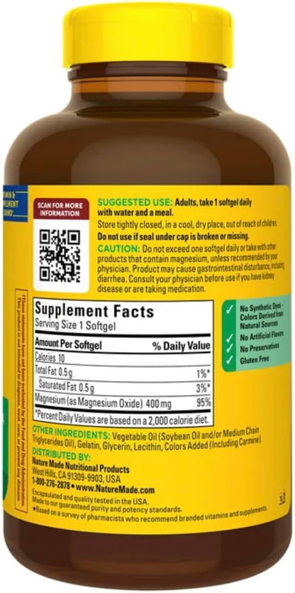 Nature Made Magnesio extra fuerte 400 mg., 180 cápsulas blandas