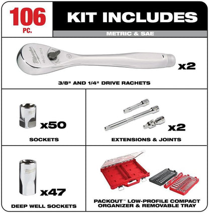 Milwaukee Eléctrico - 1/4-3/8 106PC Rata y Socket Set en PKOUT SAE-MM