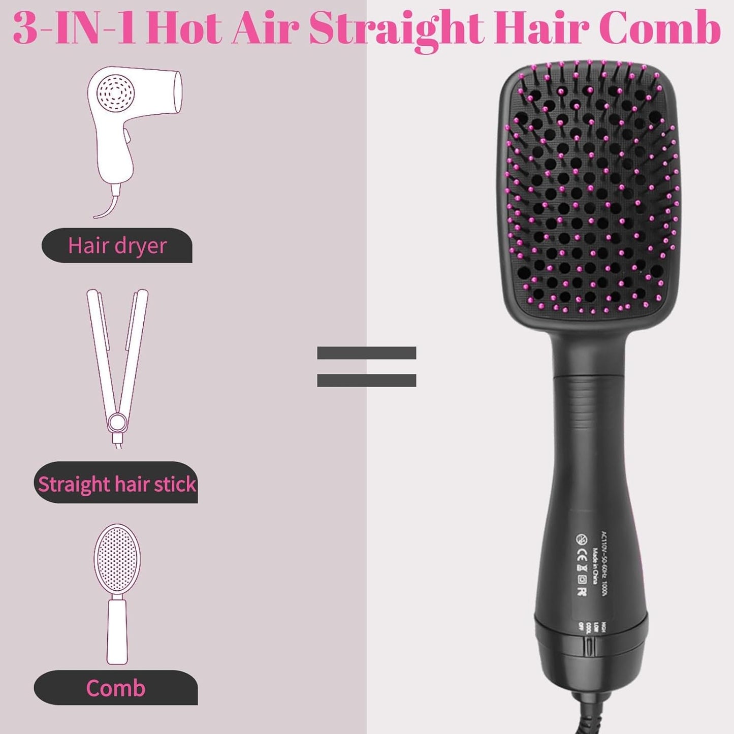 Cepillo iónico de 1 paso para alisar el cabello y secador - Herramienta de peinado de aire caliente de iones negativos para cabello liso - Todo tipo de cabello
