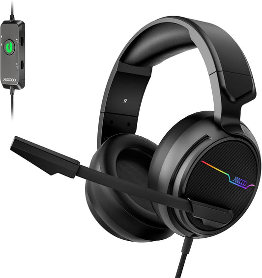 Jeecoo V20U - Auriculares USB Pro para juegos para PC, auriculares de sonido envolvente 7.1 con micrófono con cancelación de ruido, almohadillas de espuma viscoelástica para computadoras portátiles