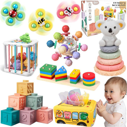 Montessori Juguetes para bebés de 6 a 12 a 18 meses, juguetes para niños de 1 año en adelante, juguete de dentición apilable, bloques de construcción, clasificador de formas, spinner y más