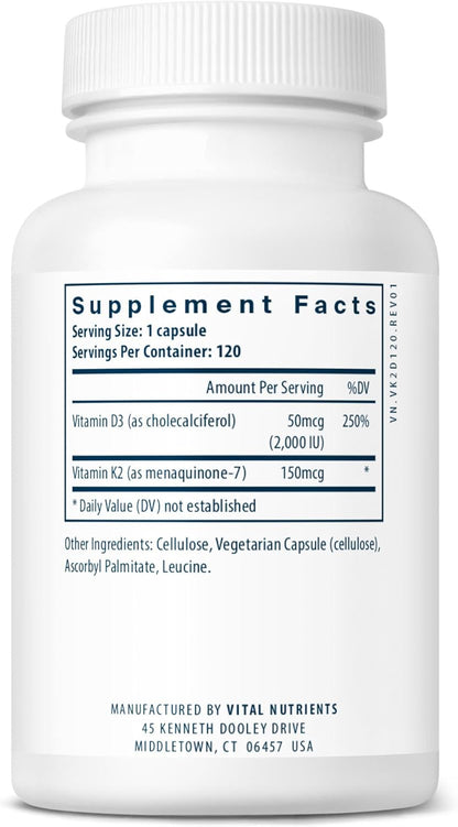 Vital Nutrients Vitamina D3 + K2 | 2000 UI | Suplemento de vitamina...