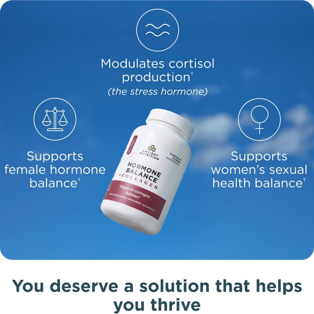 Ancient Nutrition Suplemento de equilibrio hormonal + colágeno, pép...