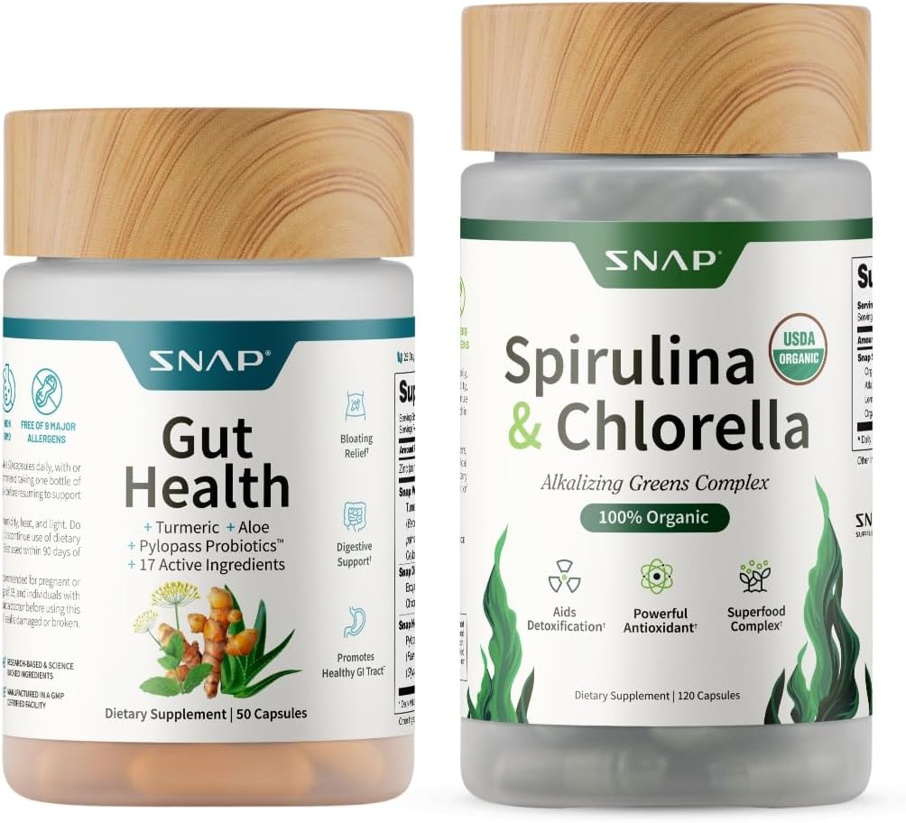 Snap Supplements Salud intestinal y espirulina orgánica Chlorella B...