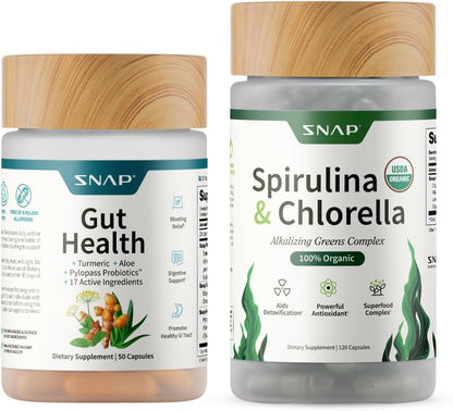 Snap Supplements Salud intestinal y espirulina orgánica Chlorella B...