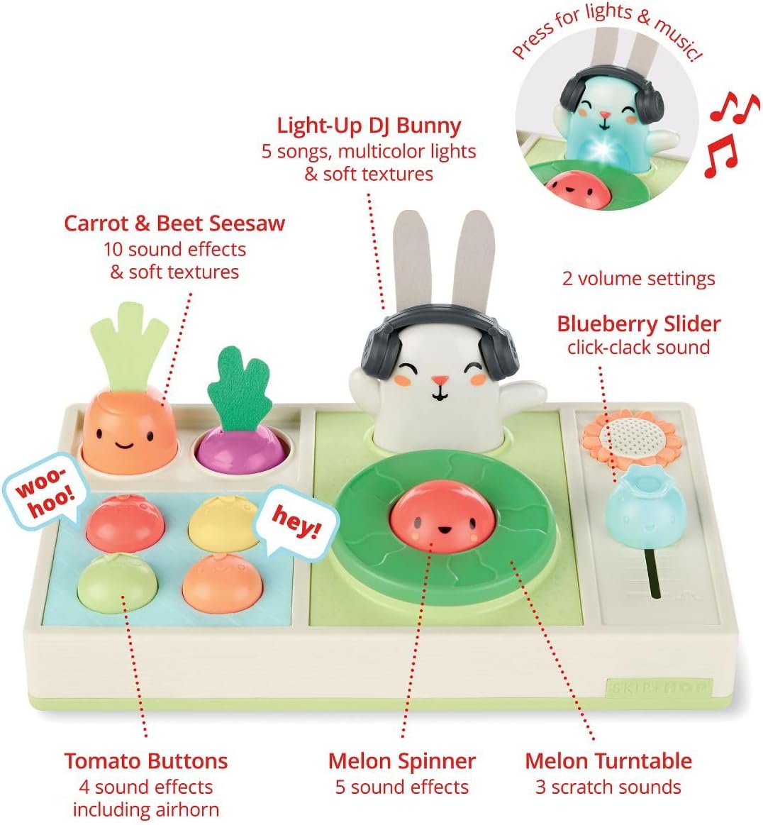 Skip Hop - Set de juguete musical para bebé DJ con luces, canciones, efectos de sonido y texturas suaves, Farmstand Let The Beet Drop Set de DJ