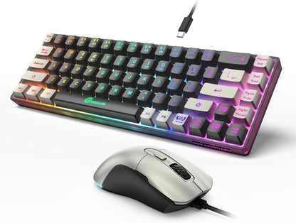 Combo de teclado y ratón para juegos 65%, teclado retroiluminado RGB + ratón para juegos de 7200 DPI, teclado y ratón con cable ultra compacto Anti-Ghosting para PC y portátil gamer