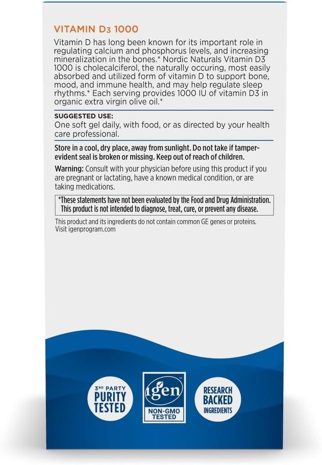 Nordic Naturals Vitamina D3 1000, Naranja - 120 mini geles blandos - 1000 UI de vitamina D3 - Soporta huesos saludables, estado de ánimo y función del sistema inmunitario - Sin OGM - 120 porciones