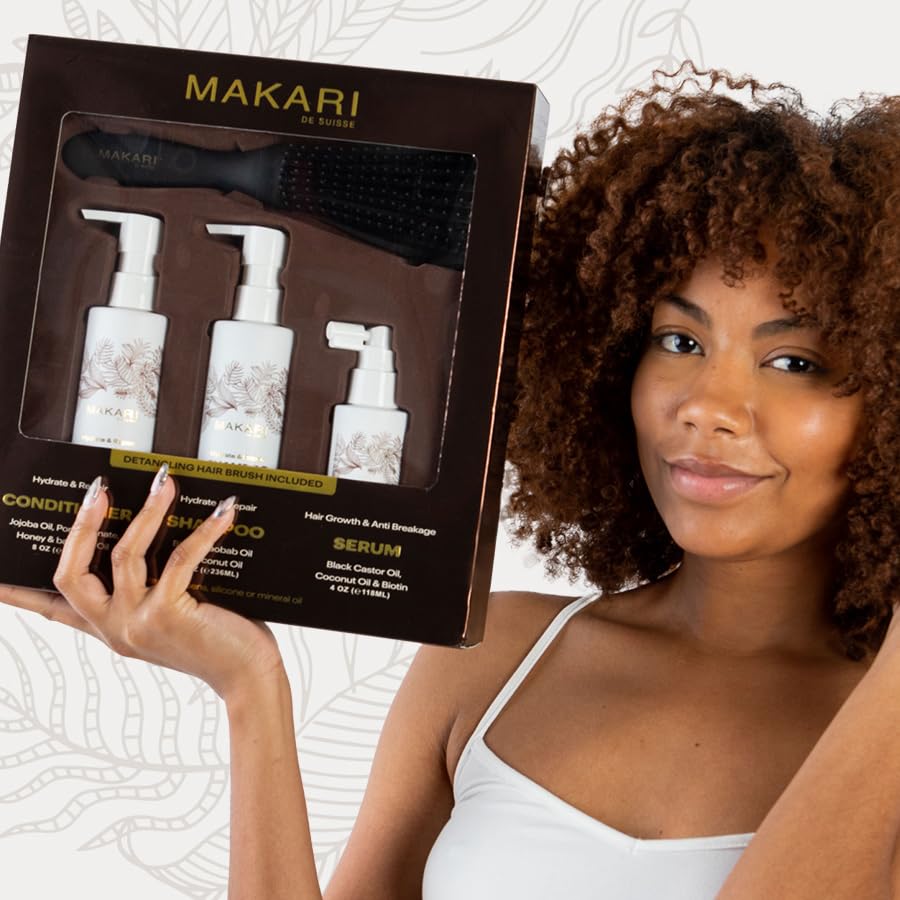 Makari Set de cuidado del cabello con champú, acondicionador, suero y cepillo | Biotina, aceite de ricino negro, jojoba y miel | Hidrata, fortalece y mejora el brillo | Sin sulfato, parabenos ni