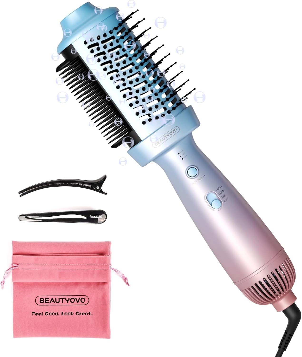 BEAUTYOVO Cepillo secador 3 en 1 con cepillo redondo y alisador, cepillo secador de pelo con 3 ajustes de calor/velocidad, estilizador de cabello y voluminizador con tecnología iónica para secar