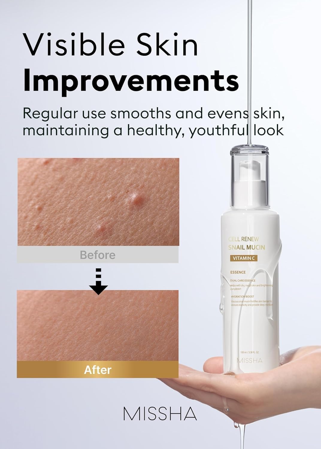 MISSHA Cell Renew Snail Mucin - Suero de esencia de vitamina C, 3.38 onzas líquidas, cuidado de la piel coreano hidratante para piel de vidrio, suero de mucina de caracol para mejorar la textura y la