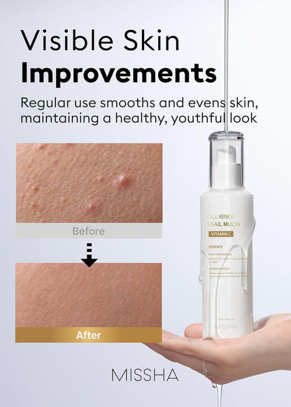 MISSHA Cell Renew Snail Mucin - Suero de esencia de vitamina C, 3.38 onzas líquidas, cuidado de la piel coreano hidratante para piel de vidrio, suero de mucina de caracol para mejorar la textura y la