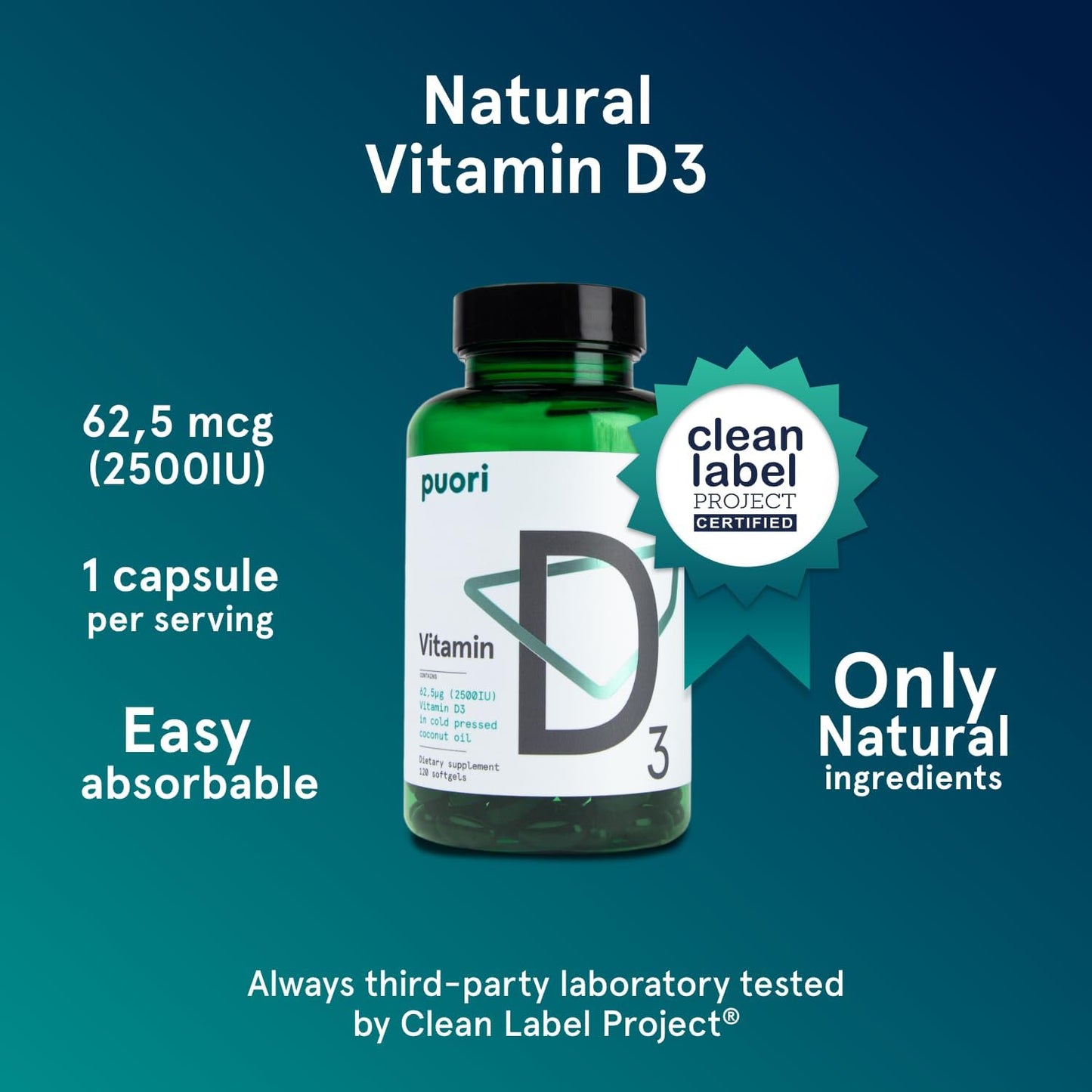 Puori Cápsulas blandas de vitamina D3, 2500 UI (62.5 mcg) \u2013 Su...
