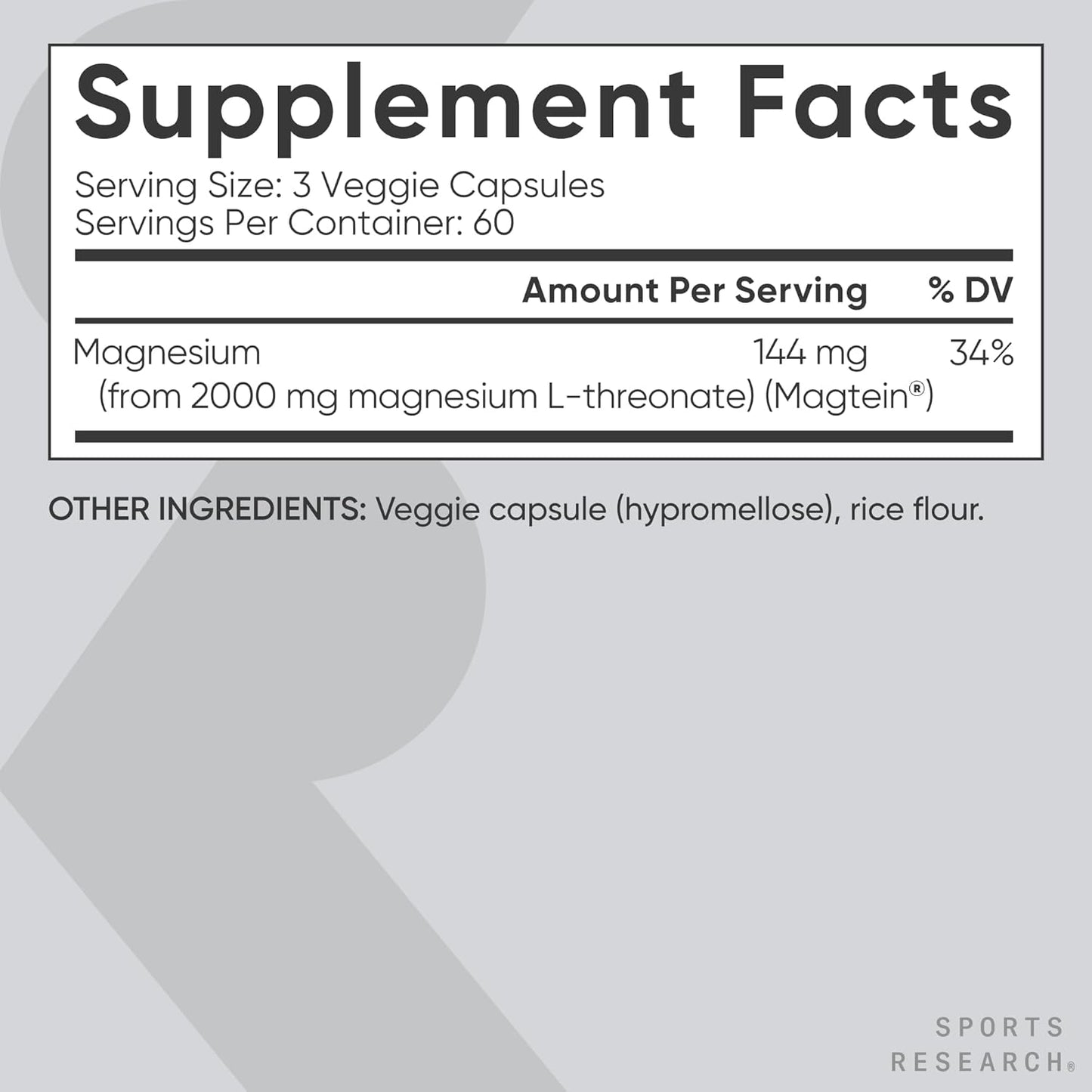 Sports Research® L-treonato de magnesio 2000 mg con Magtein®, 180 u...
