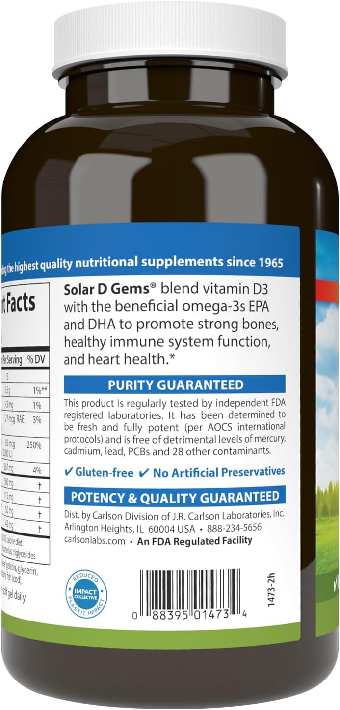 Carlson - Gemas solares D, suplemento de vitamina D3 y Omega-3, 200...