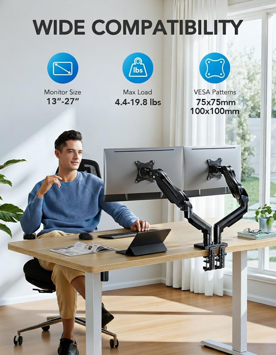 HUANUO Soporte para monitor doble, soporte de escritorio para monit...