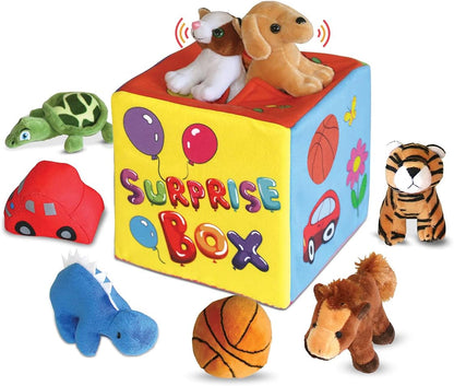 Bundaloo Caja misteriosa sorpresa con 8 juguetes de peluche de alta calidad, juego sensorial suave con sonidos de prensa para escuchar, varios peluches, animales de peluche, vehículos, pelotas para