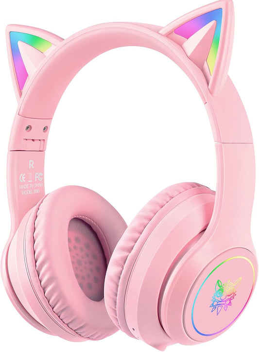 Auriculares Bluetooth para niños con micrófono, con luz LED de orej...