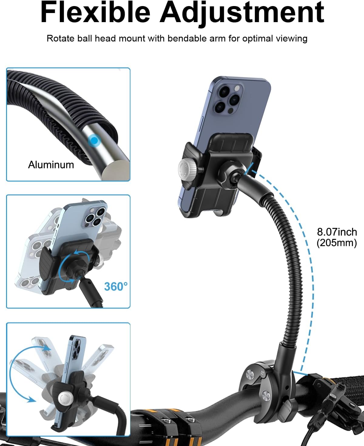 Soporte de teléfono de cuello de cisne para silla de ruedas, cochecito, carrito de golf, barco, soporte de micrófono, bicicleta de ciclismo interior, abrazadera de manillar de bicicleta de gimnasio para iPhone Air 17 Pro Max 16 15 14 13 12 Plus, S25, telé